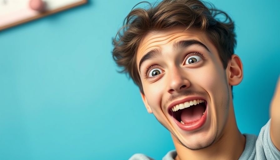 Young man taking selfie with surprised expression against blue background, how to analyze ads.