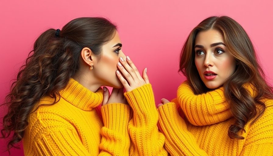 Two women in yellow sweaters whispering excitedly, hiring a marketing fixer concept.
