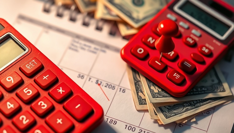 Red calculator and calendar with dollar bills for 17-Minute Daily Marketing Routine.