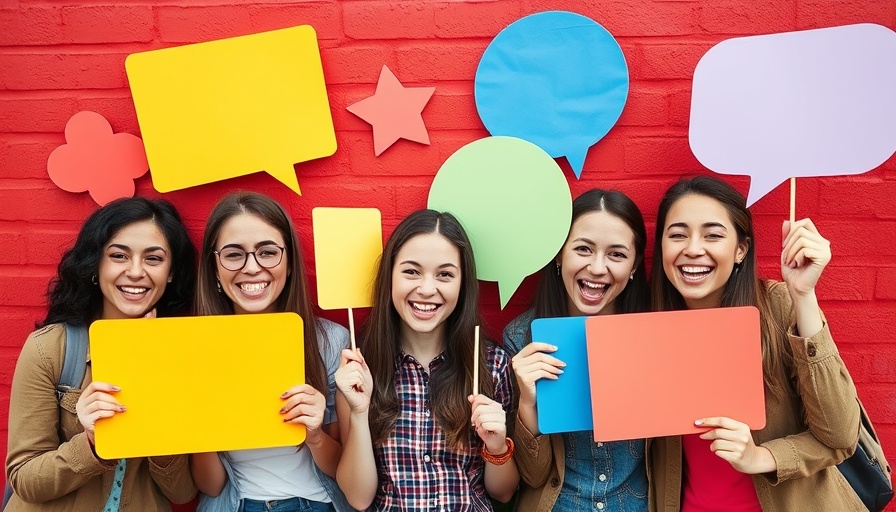 Young adults with colorful speech bubbles against red wall.