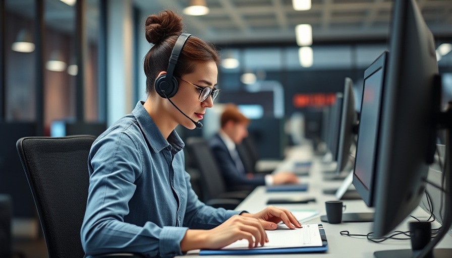 Call center representative providing call answering services in a modern office.