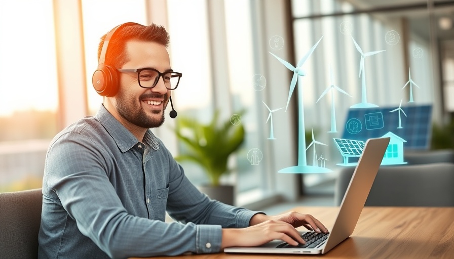 Smiling businessman using call answering services for renewable energy companies.