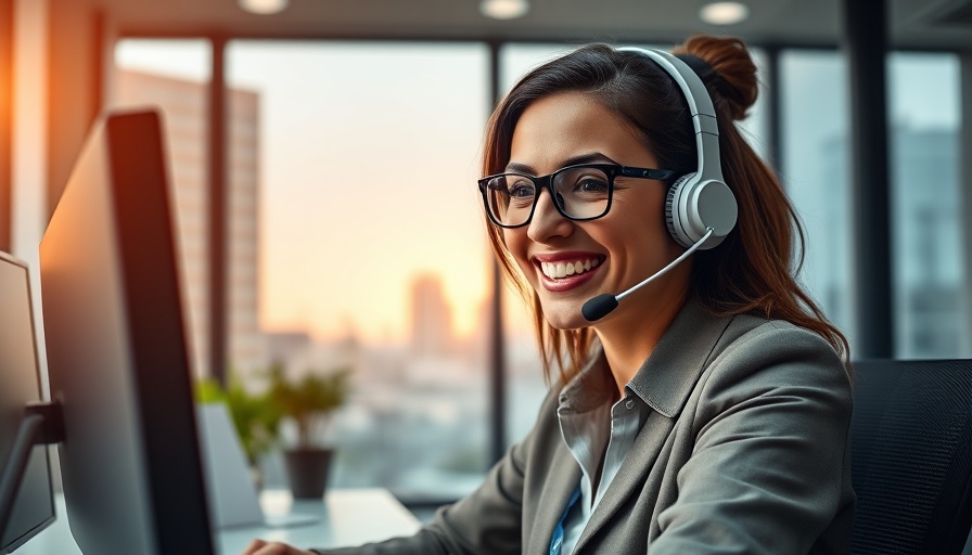 Woman in office using call answering services with digital graphics.