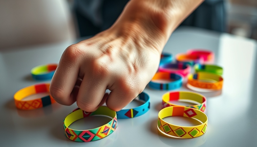 Geometric-patterned event ticket wristband design template on wrist and table.