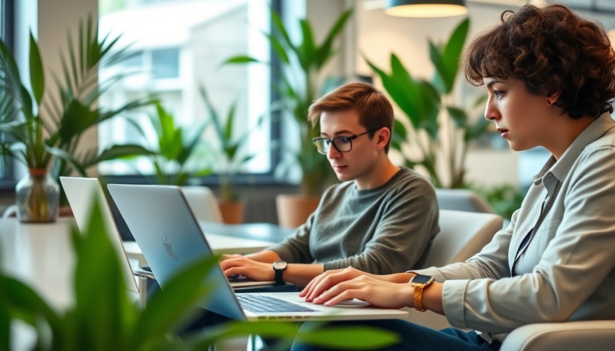 Office scene with laptops and modern decor for content marketing in cyber security.