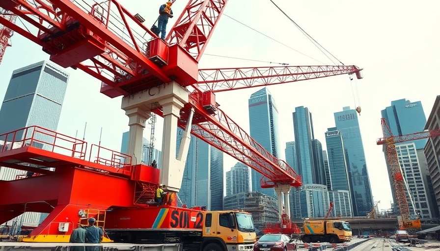 Liebherr crane assembly in urban construction site with skyscrapers.