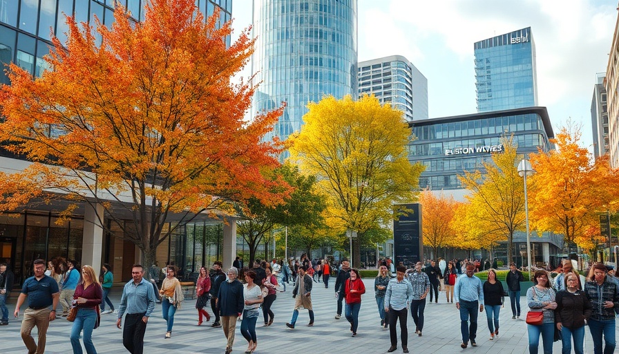 Euston Tower development with bustling urban plaza.