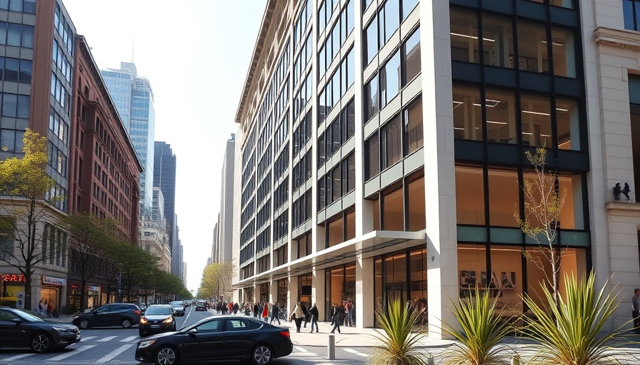 Modern office building, urban setting, green loan for office development