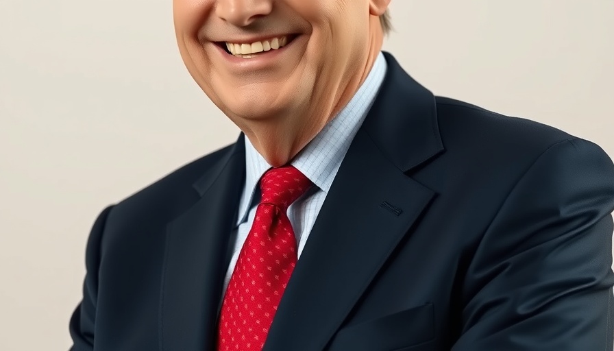 Elderly gentleman smiling in a navy suit and red tie, neutral background.