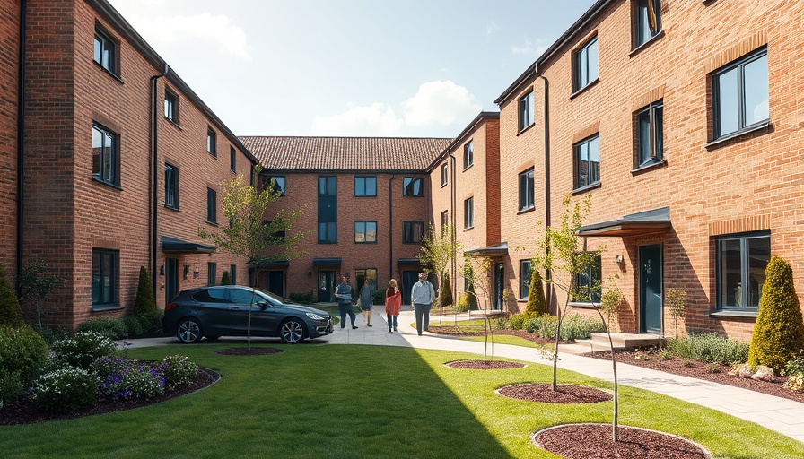 Modern retirement housing in Hertfordshire under a clear blue sky.