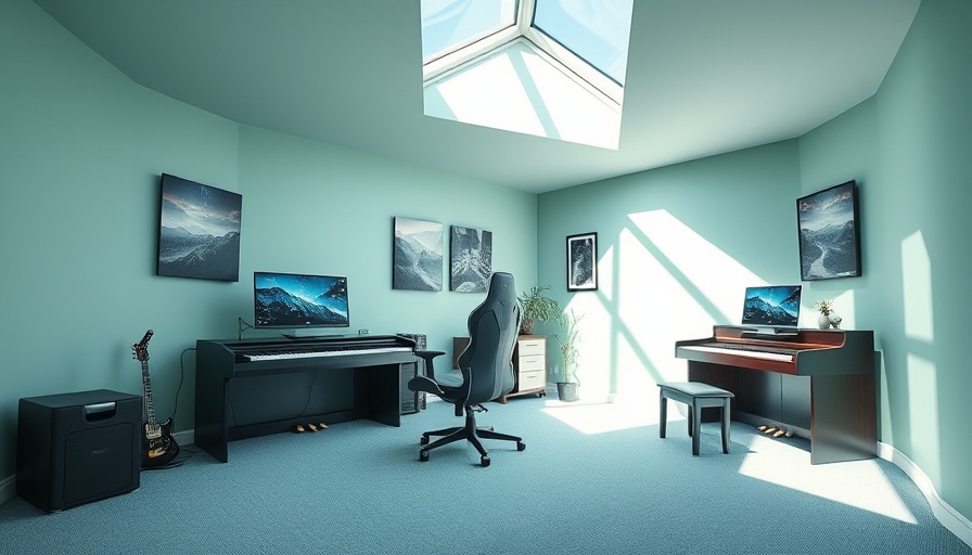 Contemporary loft gaming room with piano and tech setup.