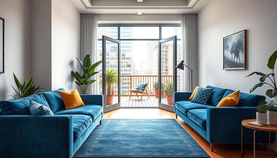Modern loft conversion with balcony showcasing blue sofa and vibrant decor.