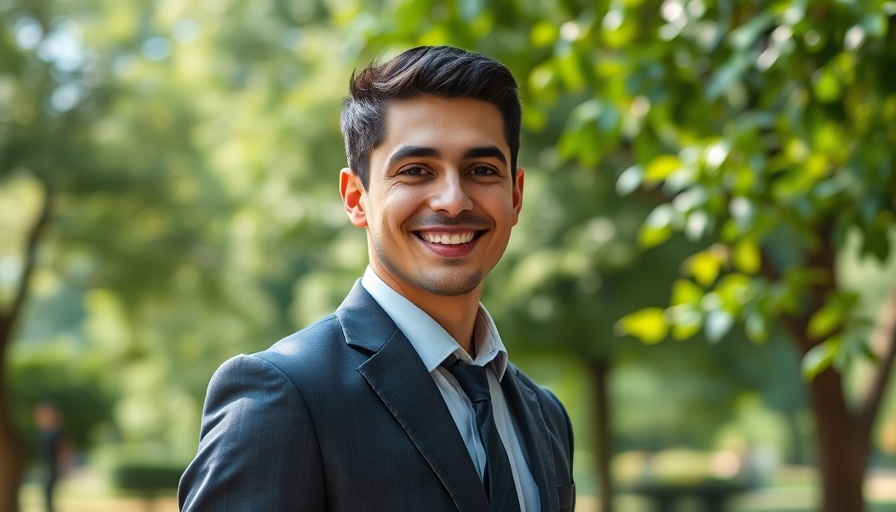 Smiling young man in suit outdoors, emphasizing confidence.