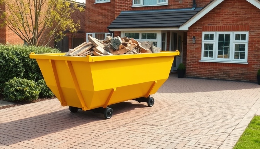 Affordable skip hire services UK, industrial skip full of debris on driveway.