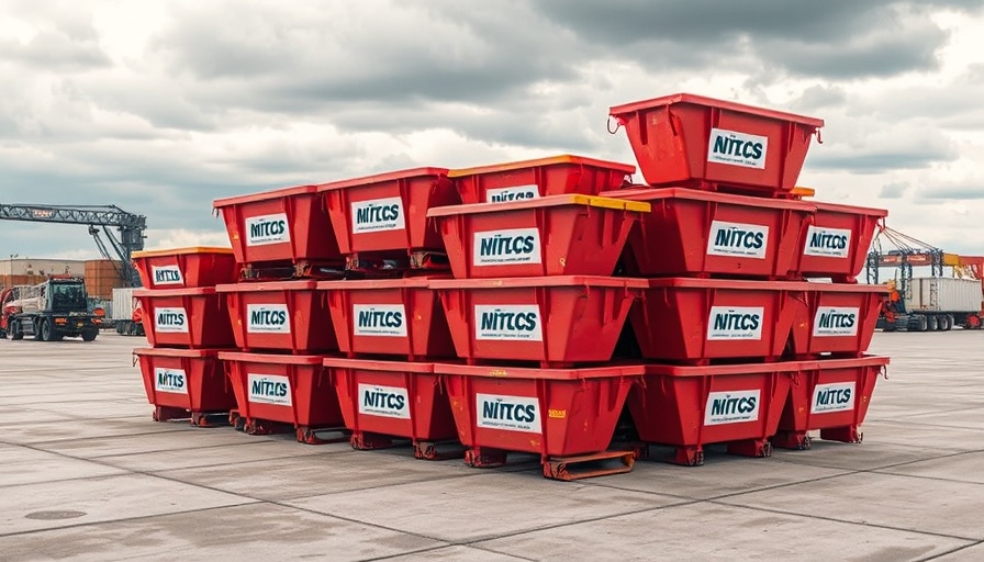 Industrial skips stacked neatly on concrete, UK skip hire.