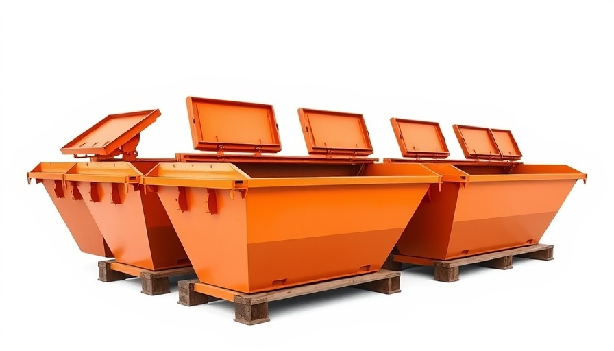 Large orange skips with open lids, representing affordable skip hire services UK.