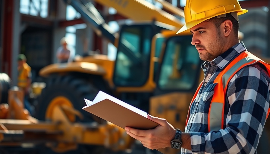 Worker checking skip hire permits on clipboard at construction site.