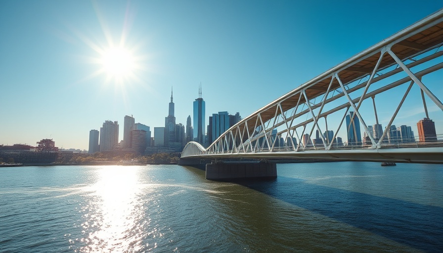 Mystic River Bridge over water in bright sunlight, city skyline in view.