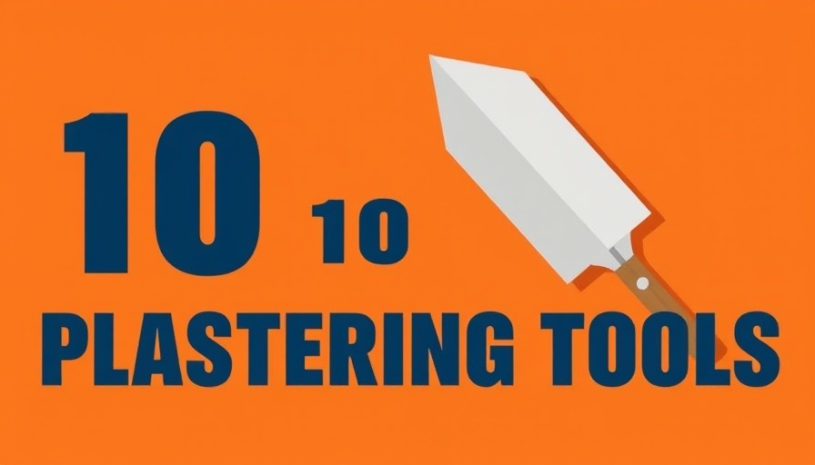 Bold graphic featuring a plastering trowel illustration with text 'Top 10 Plastering Tools'.