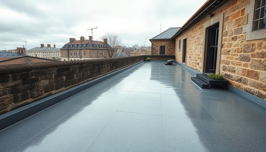 Single ply flat roof with stone wall in urban setting.