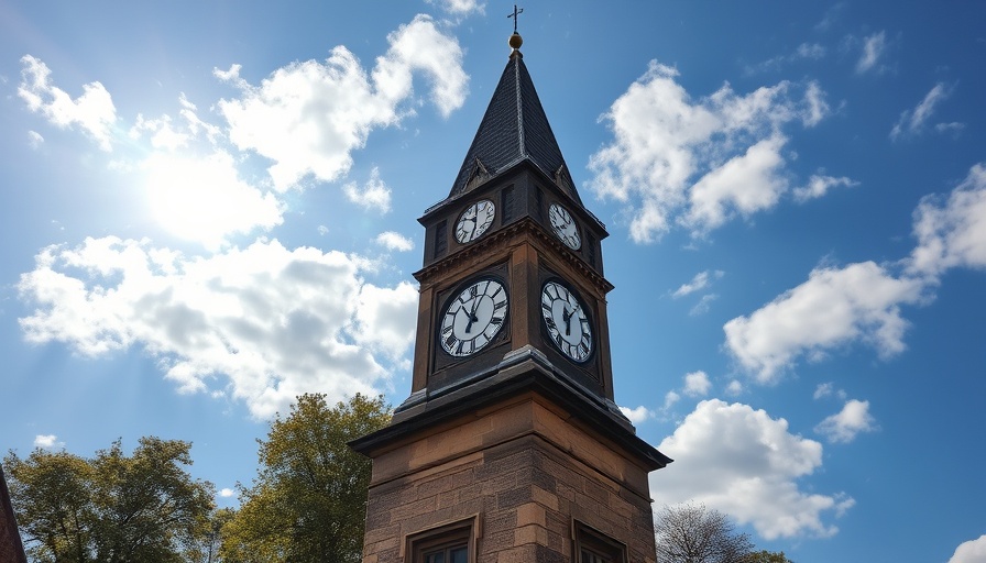 Clock tower refurbishment process under a clear sky.