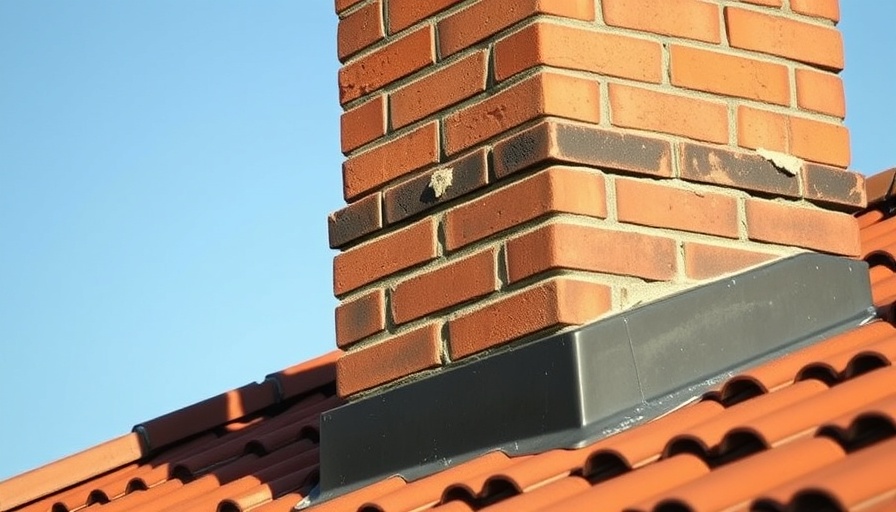 Close-up of red brick chimney on tiled roof showing wear.
