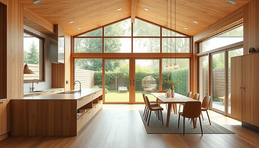 Interior view of a home extension with wooden design and large windows.