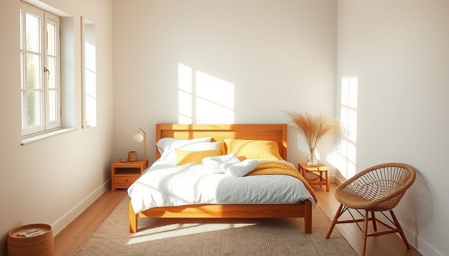 Minimalist bedroom design with sunlight casting shadows