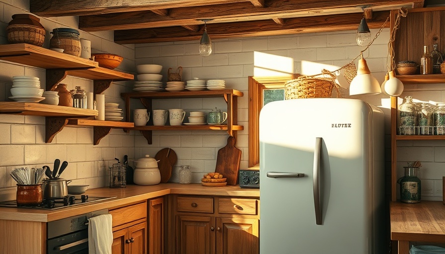 Rustic kitchen with open shelving and wooden beams