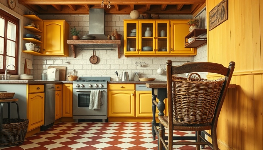 Cozy vintage kitchen interior with yellow cabinetry and rustic ambiance.