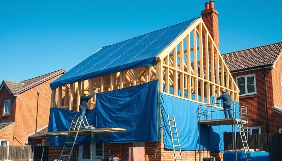 Construction of a home extension with builders working on a frame.