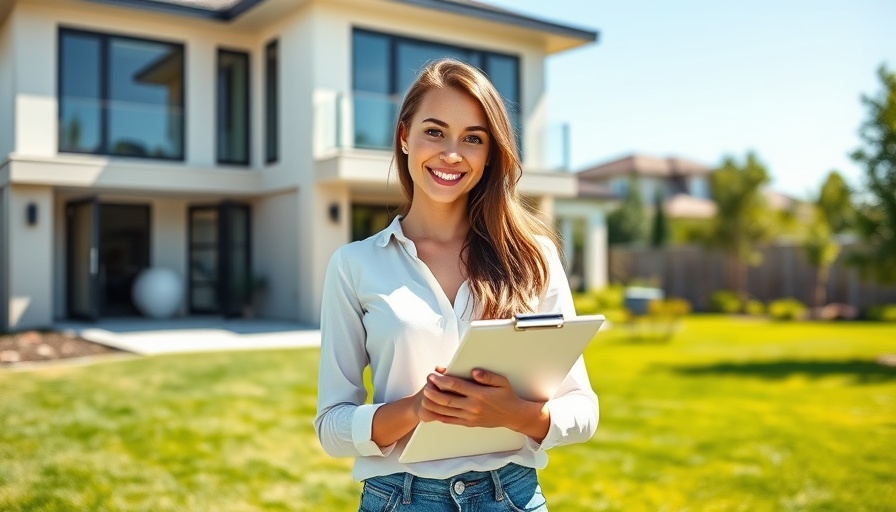 Confident woman with clipboard in front of home extension construction.