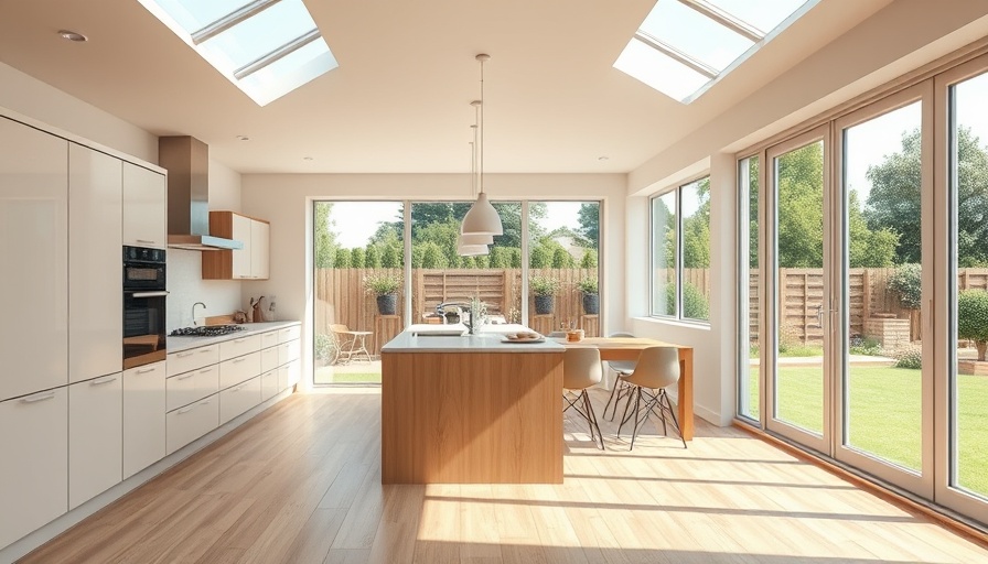 Bright home extension with large glass windows and kitchen.