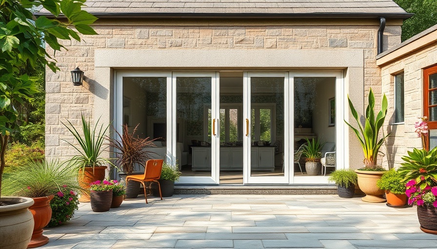 Modern home extension with stone patio and glass doors.
