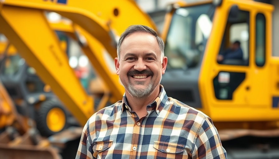 Man smiling in front of a yellow BOMAG machine