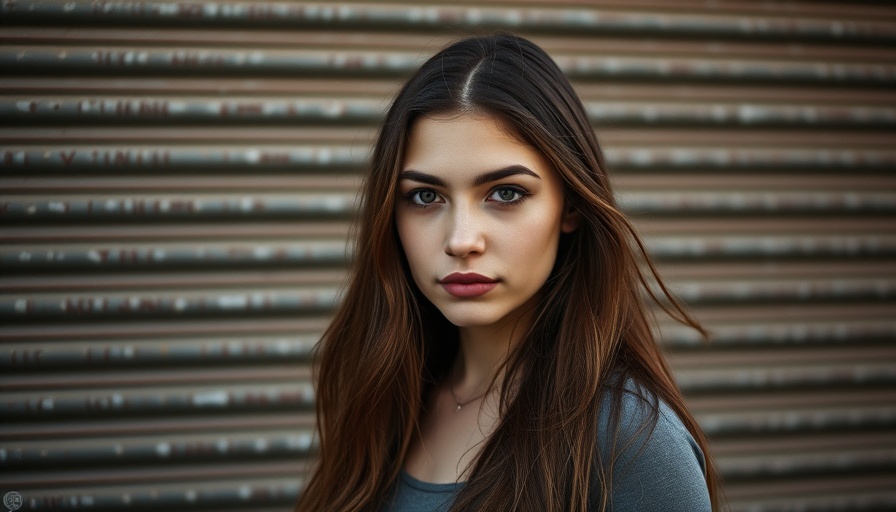 Confident young woman standing against a metal fence in urban setting.