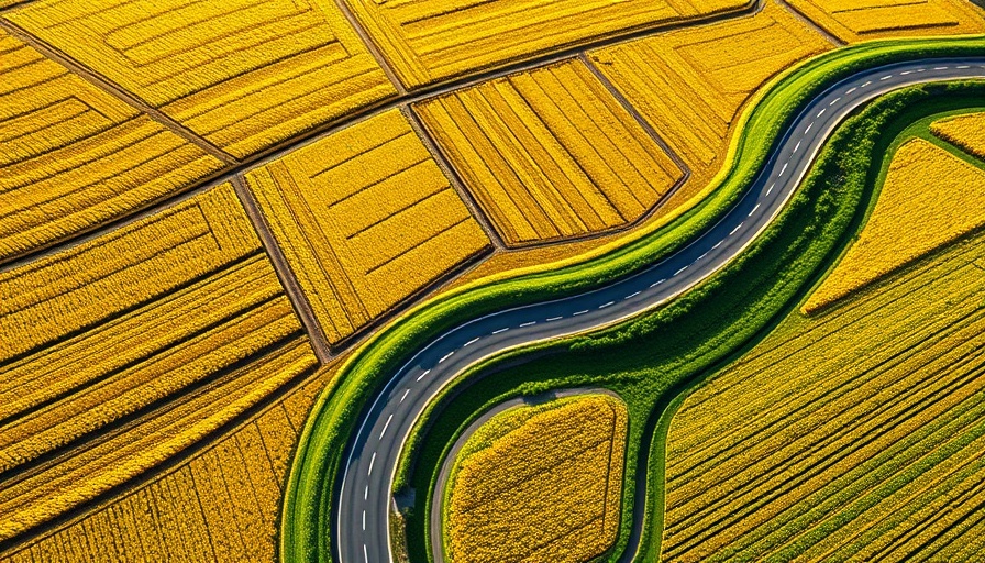 Aerial view of colorful farmland and winding road in rural landscape.