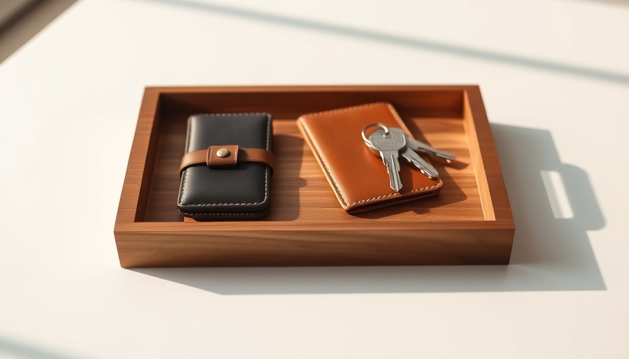 Minimalist wooden tray with leather wallet and keys, perfect Father's Day gifts for design-minded dads.