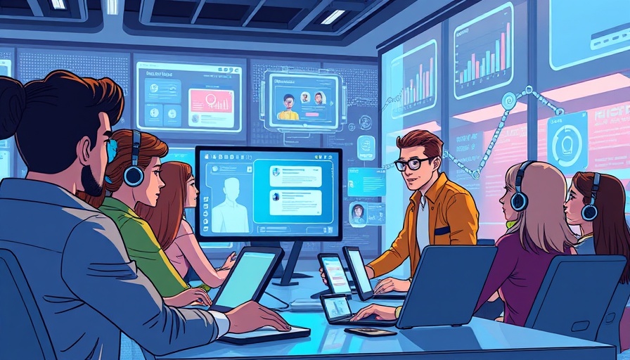 Digital marketing in 2025: Diverse professionals using AI chatbots in a modern office.