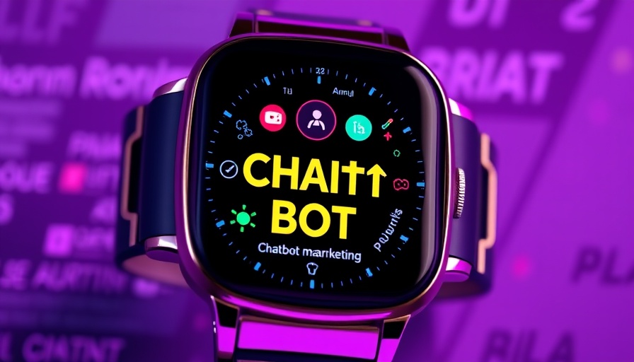 Smartwatch displaying chatbot marketing agency ad with AI icons.