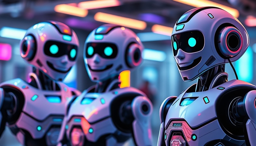 Chatbot marketing agency advertisement featuring humanoid robots.