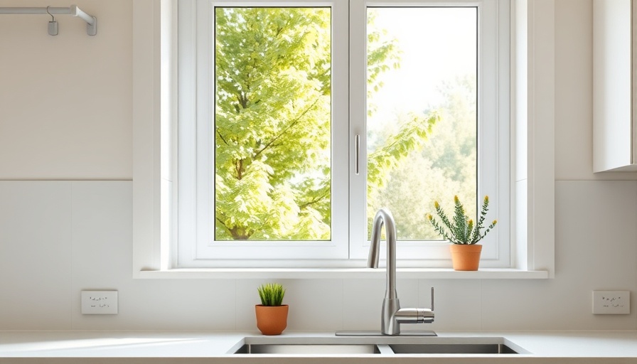 Bright kitchen window with view of greenery and standard faucet.