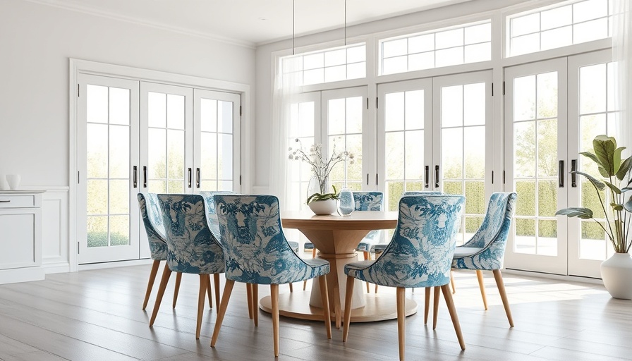 Bright dining room with composite windows and floral chairs