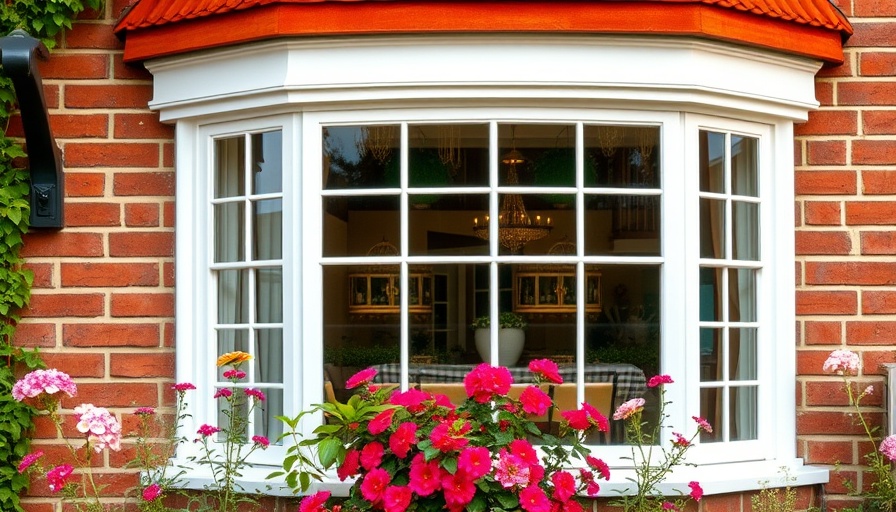 Charming bay window with white frames on brick wall, garden flowers.