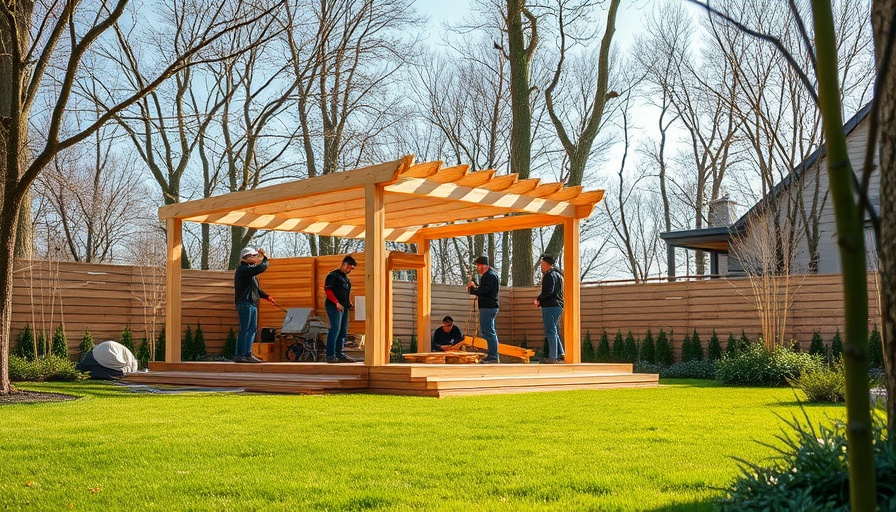 Contemporary garden building design under construction with workers outside.