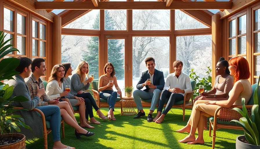 Group enjoying in garden room amidst snowy landscape, showcasing weather control.