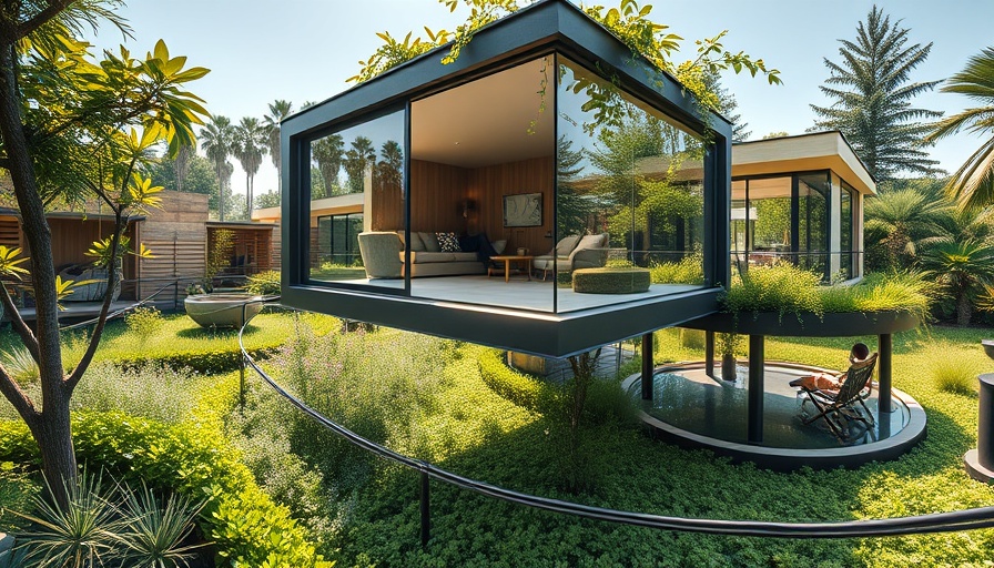 Gravity-defying garden room hovering above lush garden.