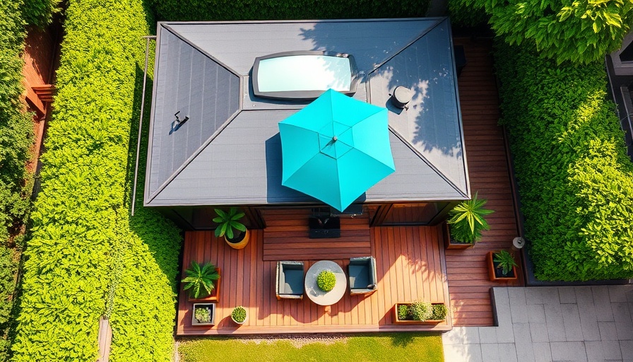 Modern garden annexe with skylight and patio seating.