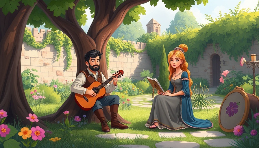 Medieval garden building design with musician and noblewoman in walled garden.