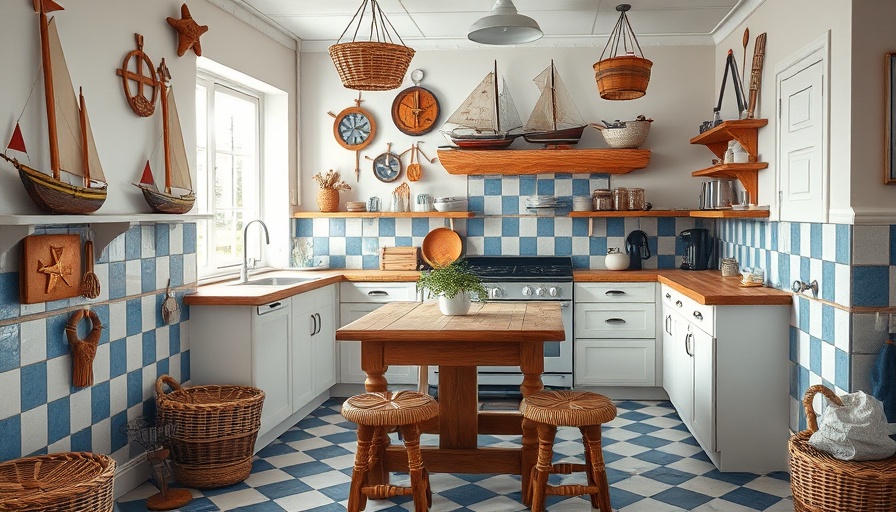 Charming rustic kitchen interior with nautical decor and wooden accents.